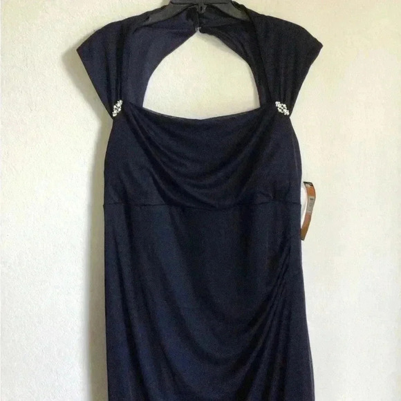 ILE EVENING Jeweled Cap Sleeve Jersey Navy Maxi Dress Cutout Ruching Formal 18W - Picture 5 of 14